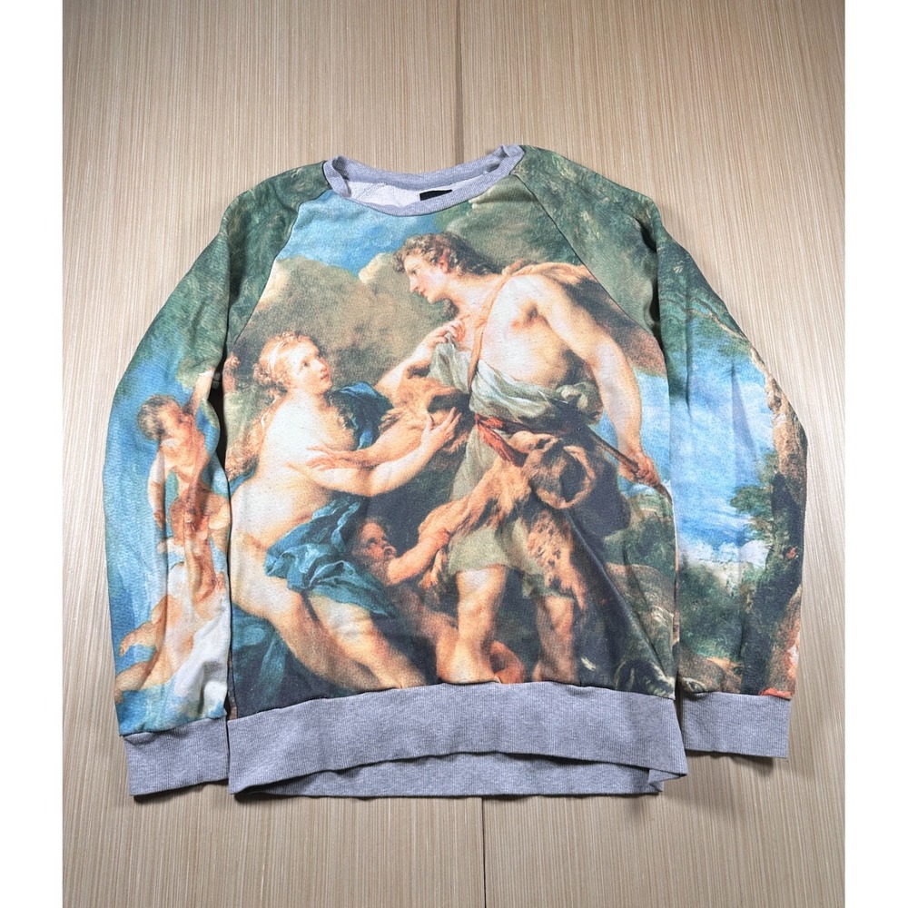 Vintage‎ Zara Man Sweatshirt Mens Large Green Baroque Artwork Graphic Crewneck